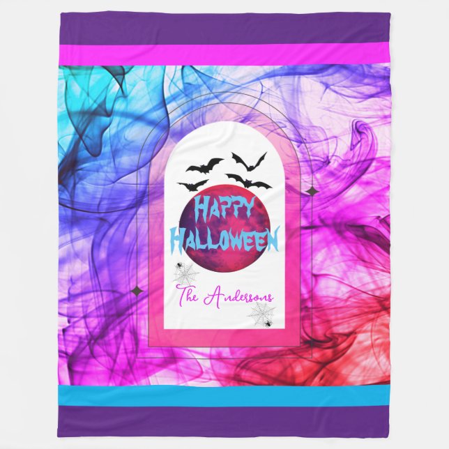 Pink Purple Bats Spider Typography Happy Halloween Fleece Blanket (Front)