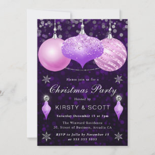 Pink & Purple Baubles Christmas Dinner Party Invitation
