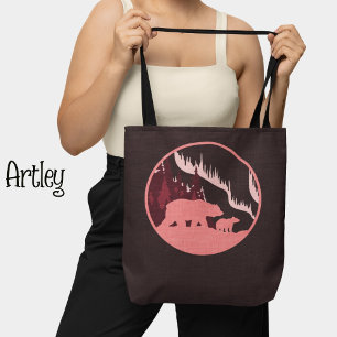 Pink Purple Bears Outdoor Scene Northern Lights  Tote Bag