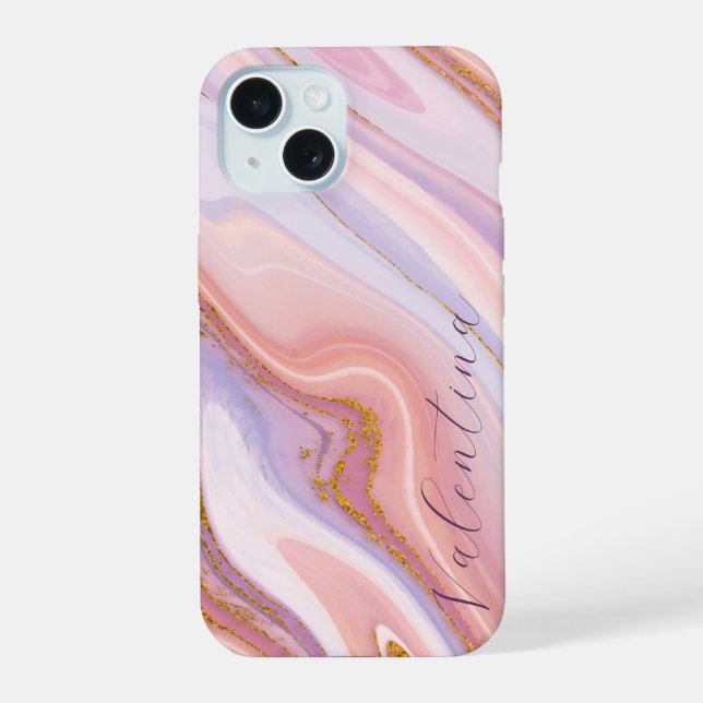 Pink Purple Berry Marble Gold Glitter Customisable iPhone 15 Case (Back)
