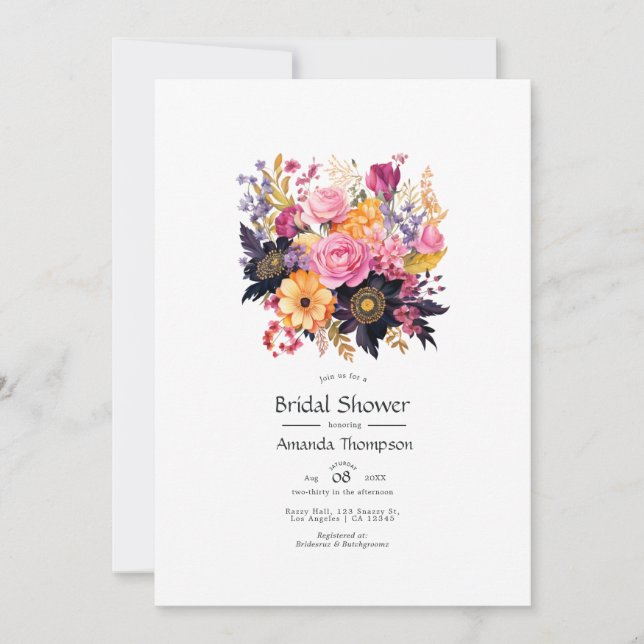 Pink, Purple, Black, and Gold Floral Bridal Shower Invitation (Front)
