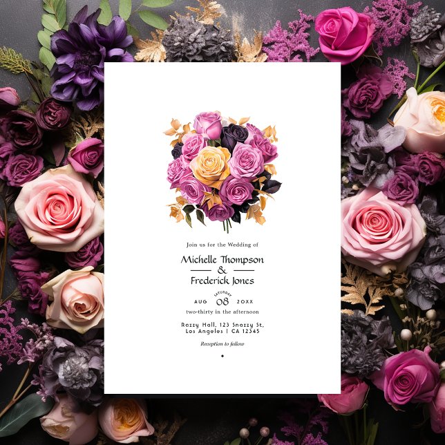 Pink, Purple, Black, and Gold Floral Wedding Invitation (Creator Uploaded)