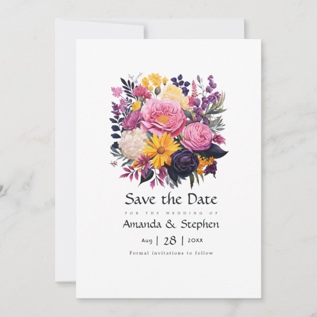 Pink, Purple, Black, and Gold Floral Wedding Save The Date (Front)