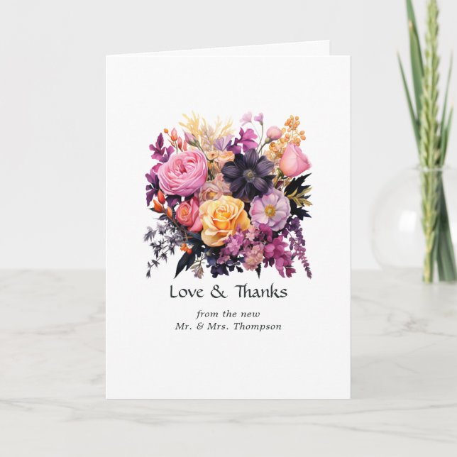 Pink, Purple, Black, and Gold Floral Wedding Thank You Card (Front)