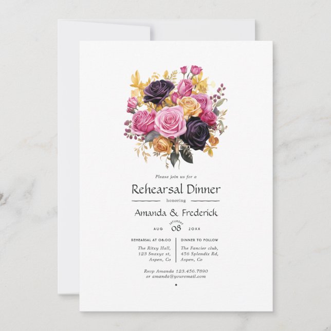 Pink, Purple, Black and Gold Rehearsal Dinner Invitation (Front)