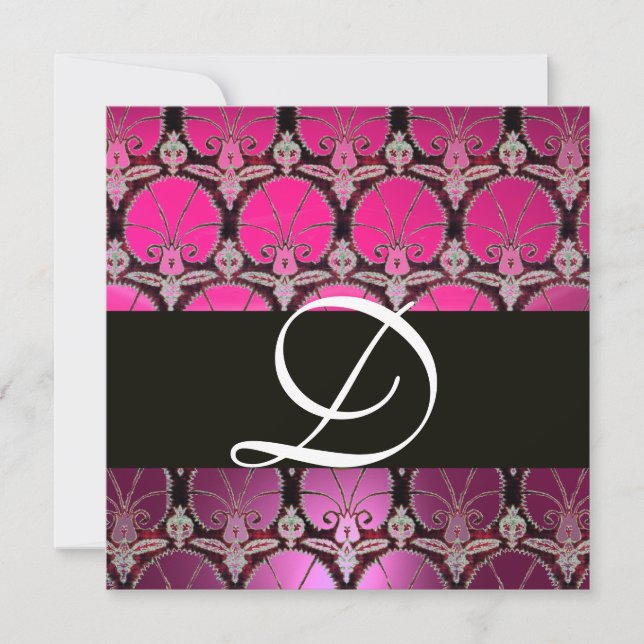 PINK PURPLE BLACK  DAMASK CARNATIONS MONOGRAM INVITATION (Front)