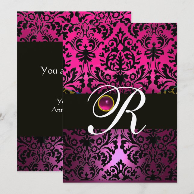PINK PURPLE BLACK DAMASK MONOGRAM Amethyst Fuchsia Invitation (Front/Back)