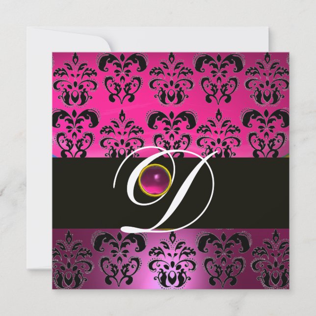 PINK PURPLE BLACK DAMASK MONOGRAM Amethyst Fuchsia Invitation (Front)