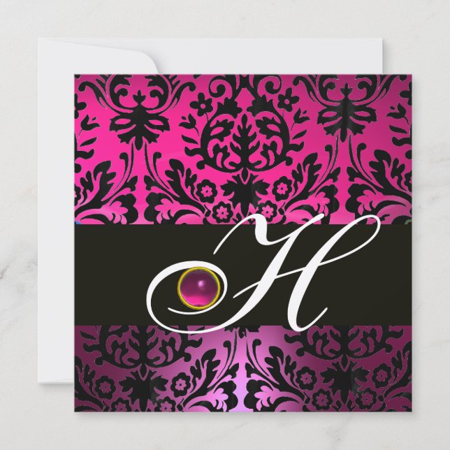 PINK PURPLE BLACK DAMASK MONOGRAM Amethyst Fuchsia Invitation (Front)