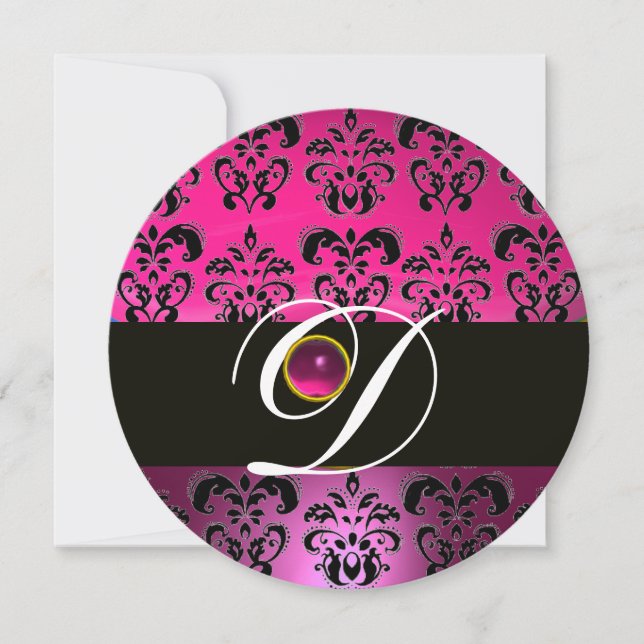 PINK PURPLE BLACK DAMASK MONOGRAM Amethyst Fuchsia Invitation (Front)