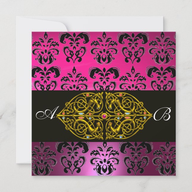 PINK PURPLE BLACK  DAMASK MONOGRAM ,fuchsia,gold Invitation (Front)