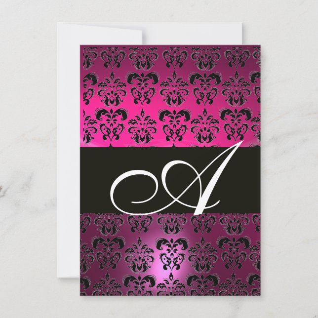 PINK PURPLE BLACK  DAMASK MONOGRAM  fuchsia white Invitation (Front)