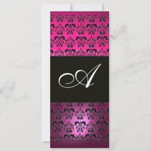 PINK PURPLE BLACK  DAMASK MONOGRAM ,fuchsia white Invitation