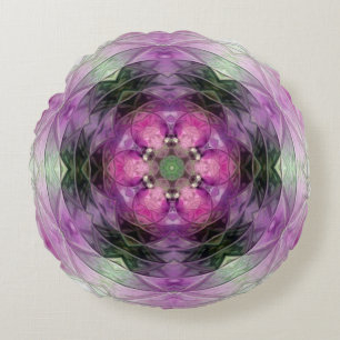 Pink purple black floral star Snowflake pattern Round Cushion