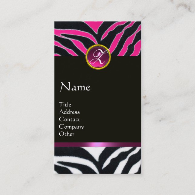 PINK,PURPLE BLACK WHITE ZEBRA FUR MONOGRAM BUSINESS CARD (Front)