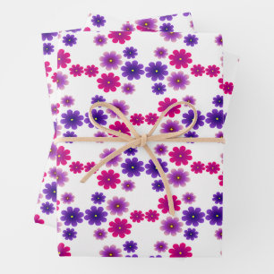 Pink & Purple Blooms Symmetrical Mini Floral Wrapping Paper Sheet