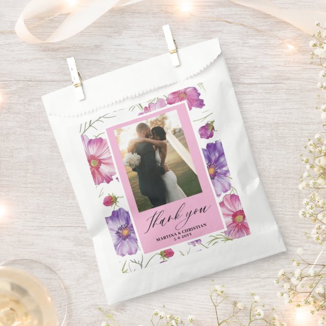 Pink Purple Blossom Photo Wedding Favour Bags (Clipped)