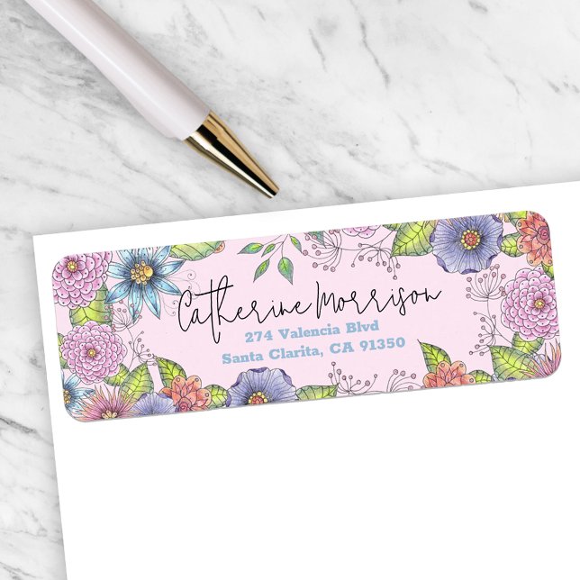 Pink Purple Blossoming Flowers Return Address (Creator Uploaded)