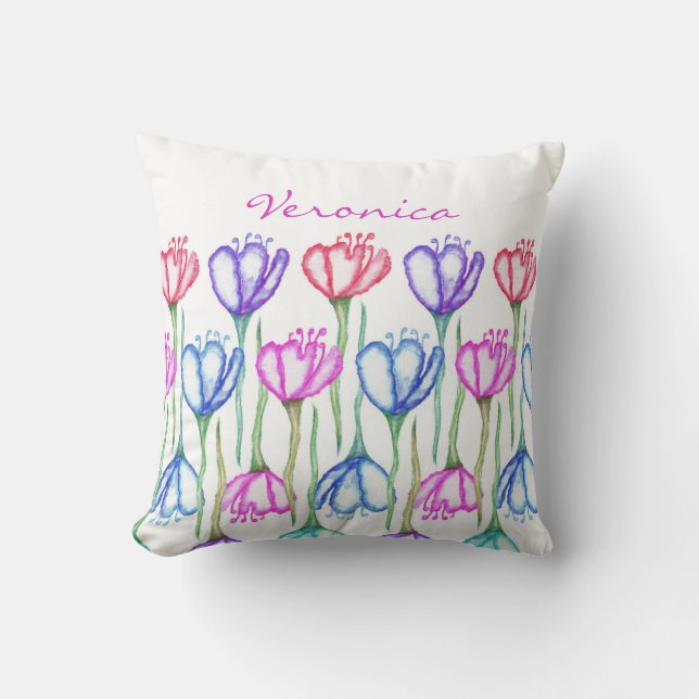 Pink Purple Blue and Red Watercolor Tulip Monogram Cushion (Front)