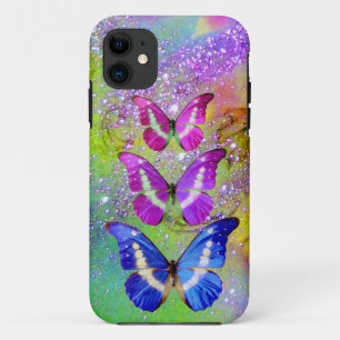 PINK PURPLE BLUE BUTTERFLIES,GREEN GOLD SPARKLES iPhone 11 CASE