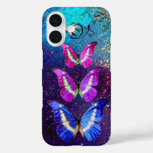 PINK PURPLE BLUE BUTTERFLIES IN GOLD SPARKLES iPhone 16 CASE