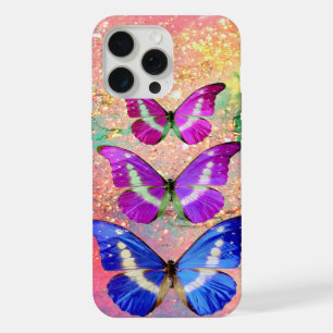 PINK PURPLE BLUE BUTTERFLIES IN GOLD SPARKLES iPhone 15 PRO MAX CASE