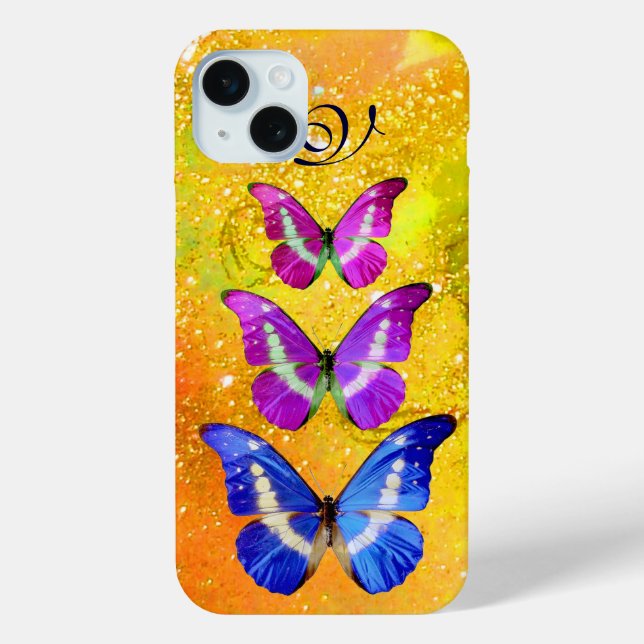 PINK PURPLE BLUE BUTTERFLIES IN GOLD YELLOW Case-Mate iPhone CASE (Back)