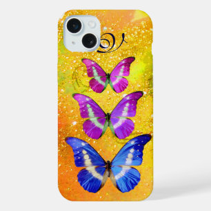 PINK PURPLE BLUE BUTTERFLIES IN GOLD YELLOW iPhone 15 PLUS CASE