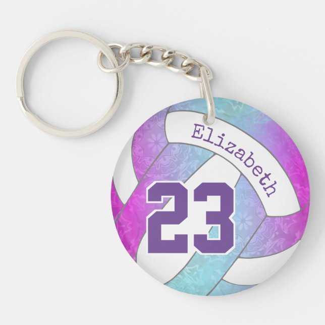 pink purple blue colourful girly volleyball key ring (Front)