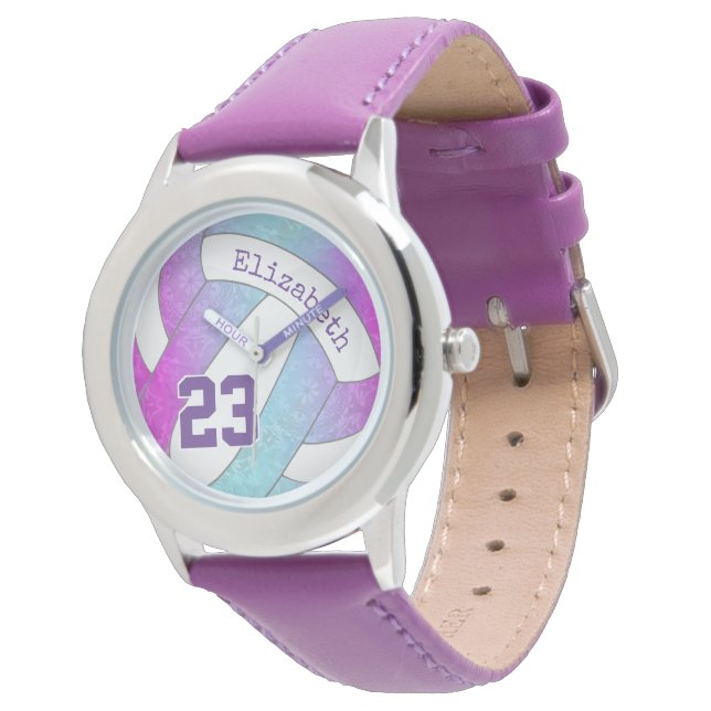 pink purple blue colourful girly volleyball watch (Angled)