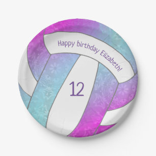 pink purple blue colourful volleyball birthday paper plate