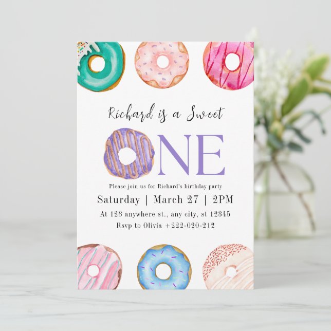 Pink Purple Blue Doughnut Birthday Party Invitation (Standing Front)