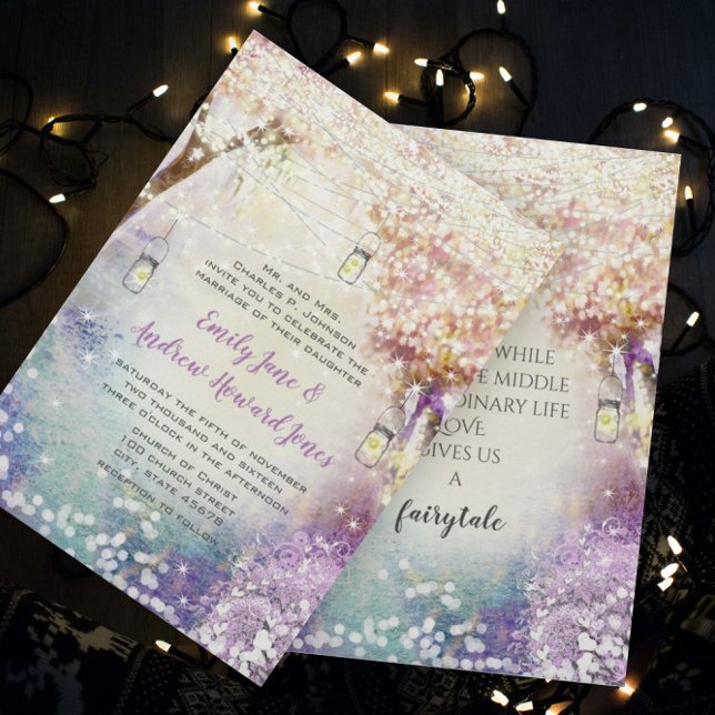Pink Purple Blue Fairy Lights Boho Forest Wedding Invitation (Creator Uploaded)
