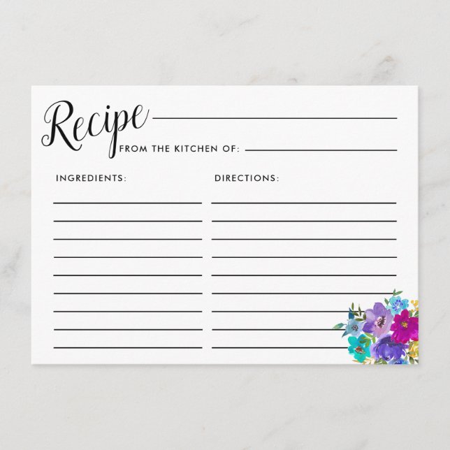 Pink Purple Blue Floral Bridal Shower Recipe Card (Front)