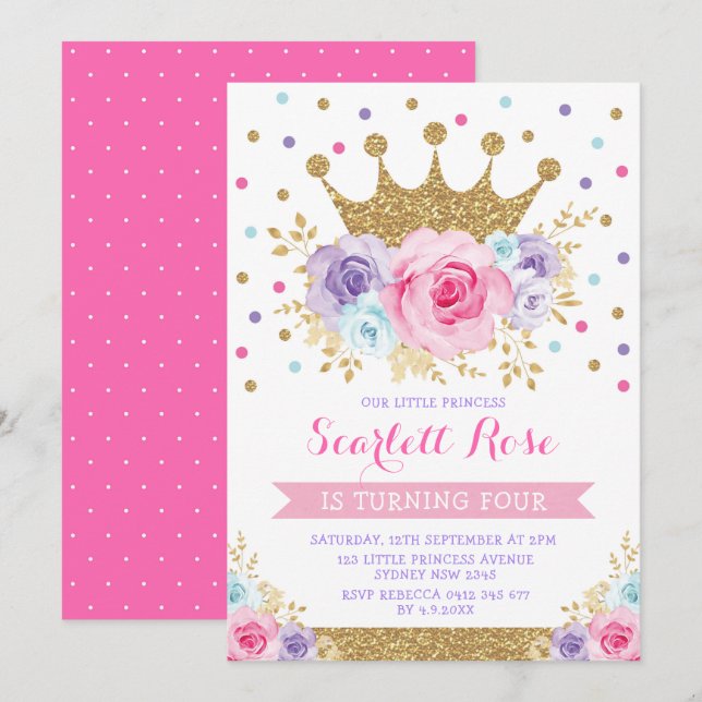 Pink Purple Blue Floral Crown Princess Birthday Invitation (Front/Back)