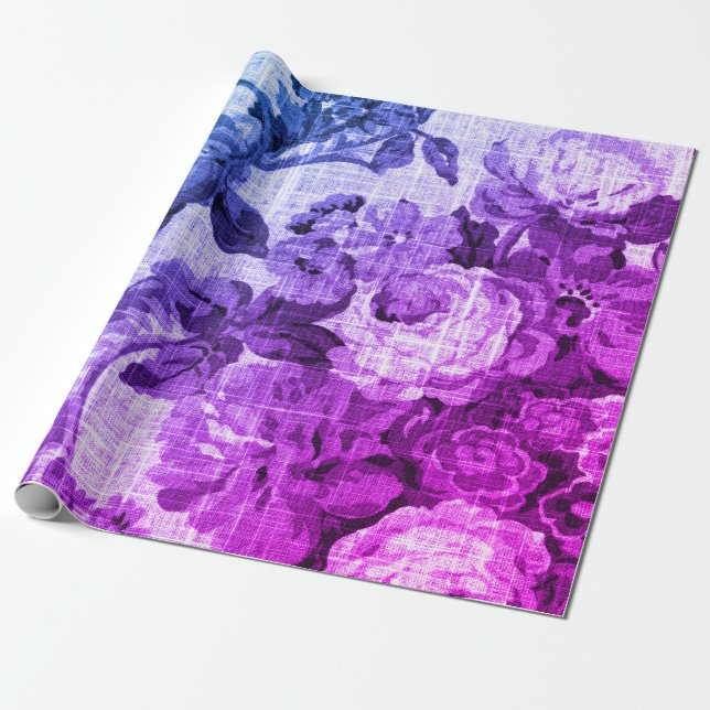 Pink Purple Blue Floral Toile Botanical Decoupage Wrapping Paper (Unrolled)