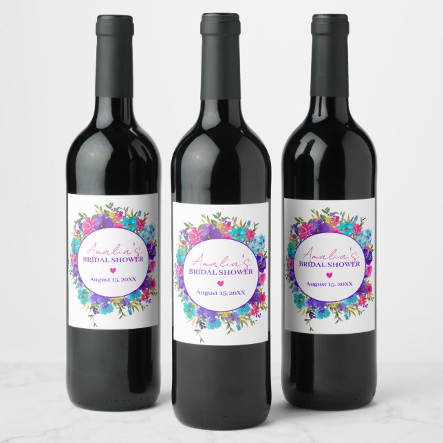 Pink Purple Blue Flower Bridal Shower Wine Label (Bottles)