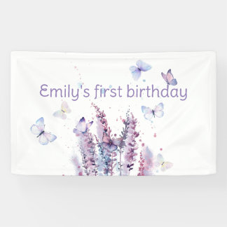 Pink purple blue flower butterfly birthday  banner