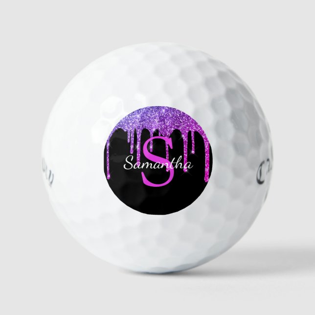 Pink Purple Blue Glitter Drips Monogram Name Golf Balls (Front)