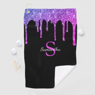Pink Purple Blue Glitter Drips Monogram Name Golf Towel