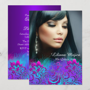 Pink Purple Blue Glitter Floral Quinceanera Invite