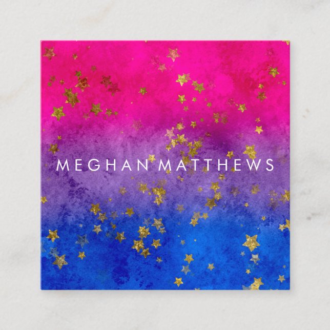Pink Purple Blue Gold Stars Sparkle Beauty Stylist Square Business Card (Front)
