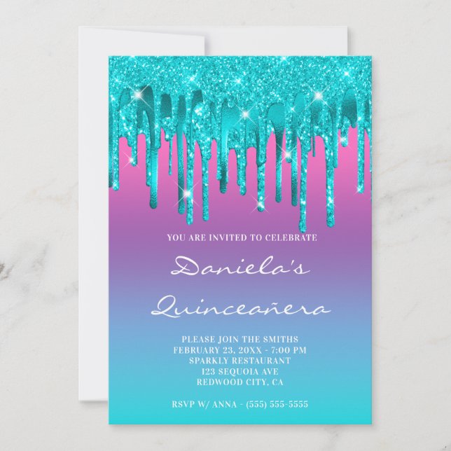 Pink Purple Blue Gradient Teal Drip Quinceañera Invitation (Front)