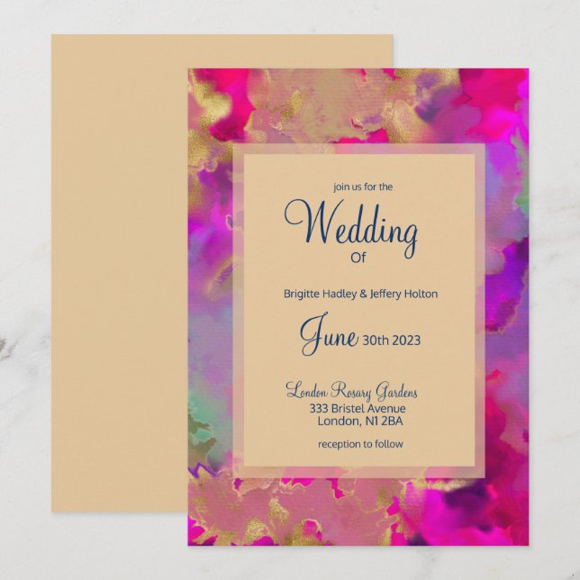 Pink+purple+blue+green ink wedding invitations  (Front/Back)