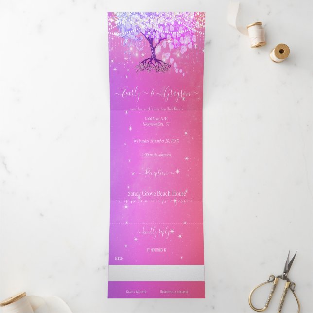Pink Purple Blue Heart Leaf Tree Wedding Tri-Fold Invitation (Inside)