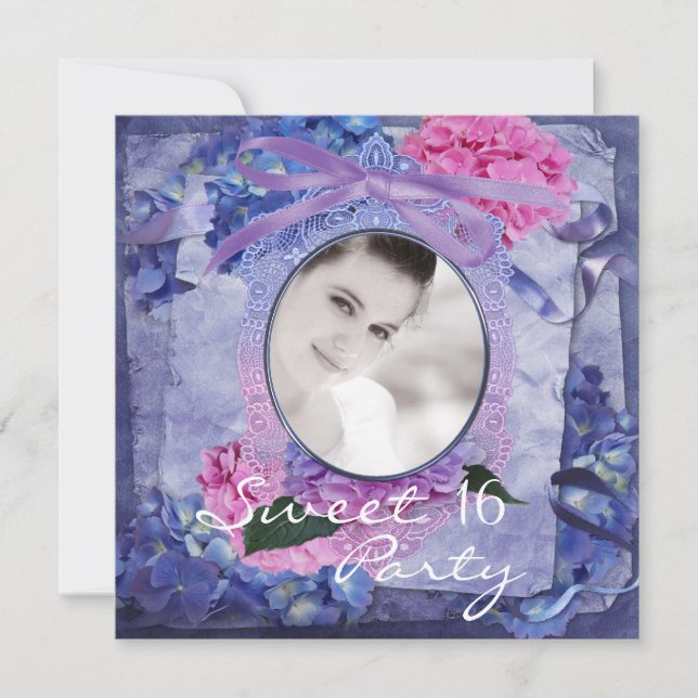 Pink Purple Blue Hydrangea Photo Sweet 16 Party Invitation (Front)
