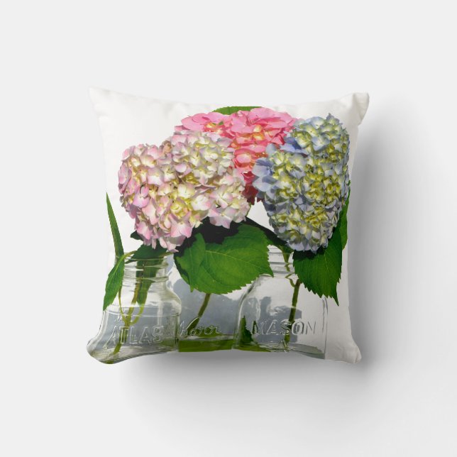 Pink purple blue Hydrangeas and Mason jar  Cushion (Front)