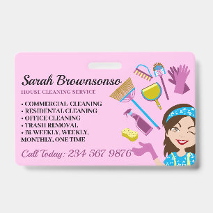 Pink Purple Blue Janitorial Cartoon House Cleaning ID Badge