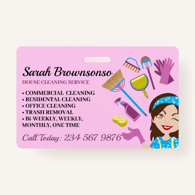 Pink Purple Blue Janitorial Cartoon House Cleaning ID Badge (Front)