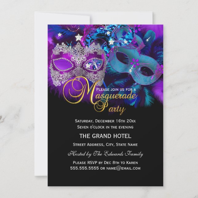 Pink Purple & Blue Masks Masquerade Party Invite (Front)